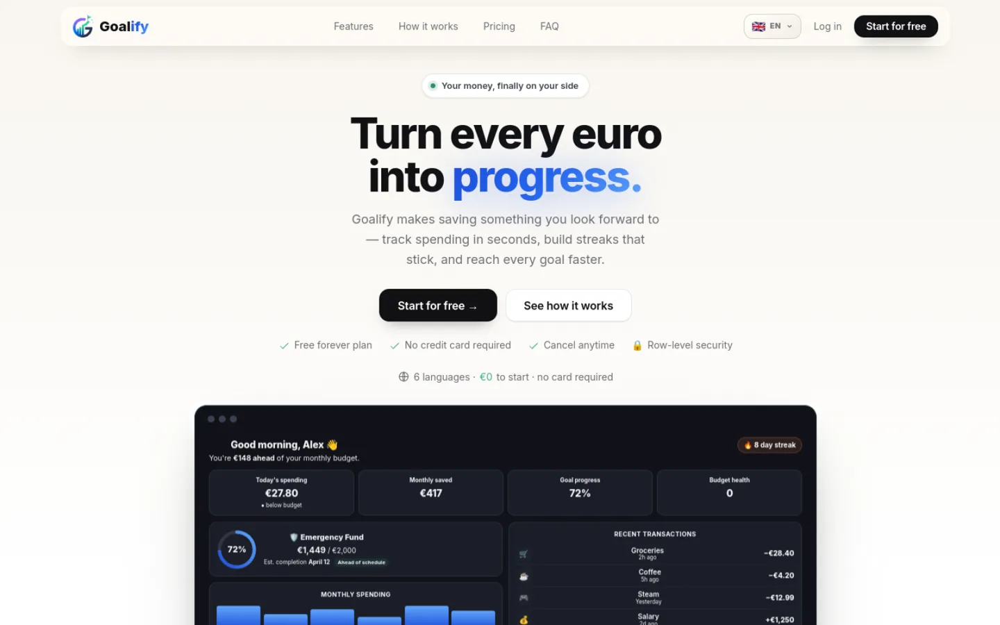 Homepage of Goalify, the savings and budgeting web app built by Xovahweb